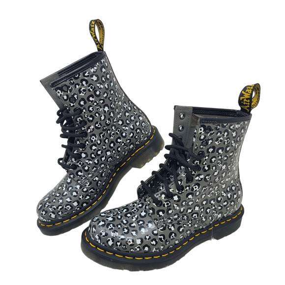 DOC DR MARTENS GUNMETAL 1460 LOUD LEOPARD Leather Boots Sz 5 Grunge Whimsigoth - Picture 1 of 14